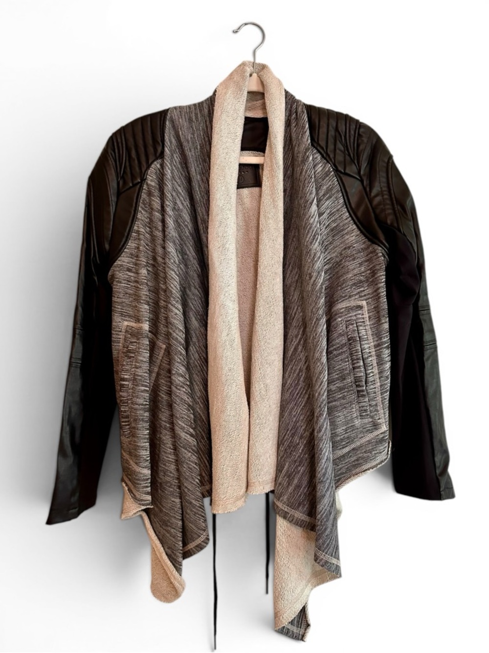 Blank NYC Black Faux-Leather Sleeve Draped Jacket with Gray Knit Body